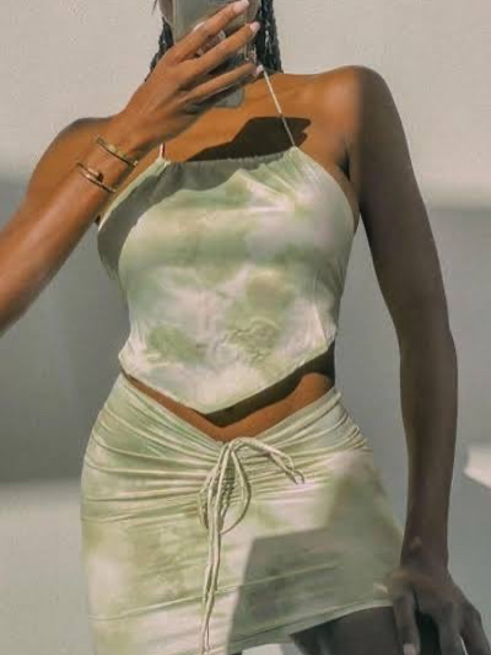 Princess Polly Celebration Halter Top Skirt Set Sage Green White Tie-Dye